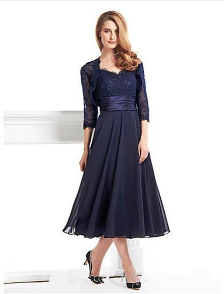 

2019 new tea-length 3/4 length sleeve chiffon lace with lace a-line mother of the bride dress vestidos de novia, Black;red