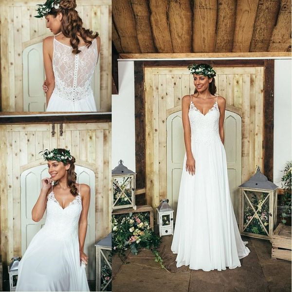 

elegant new beach wedding dresses spaghtti straps lace chiffon floor length romantic bridal gowns custom size, White