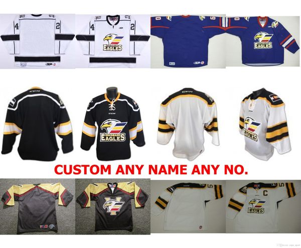 

custom wholesale mens womens kids customize echl colorado eagles black white blue sport jersey 100% embroidery hockey jerseys goalit c, Black;red