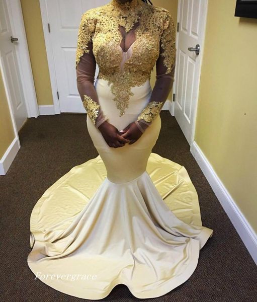 

black girls african prom dresses 2018 gold appliques long sleeves high neck mermaid evening dresses custom made arabic party gowns