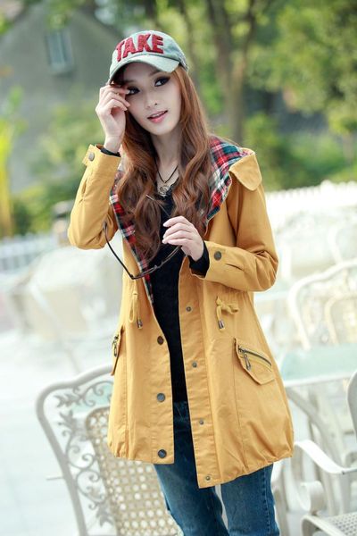 

cute loose trench coat for women hooded ladies windbreaker single breasted wide-waisted designer fall coat, Tan;black