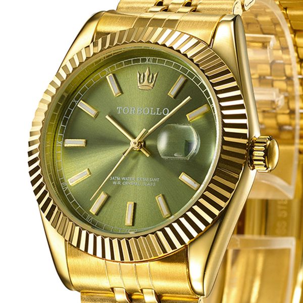 

2017 torbollo fashion quartz watch men date gold steel band 3atm waterproof male wrist watch relogio masculino with tag box, Slivery;brown