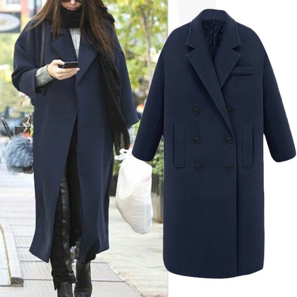 

2018 fashion women winter lapel wool coat button ladies long trench jacket solid loose overcoat outwear plus size, Black