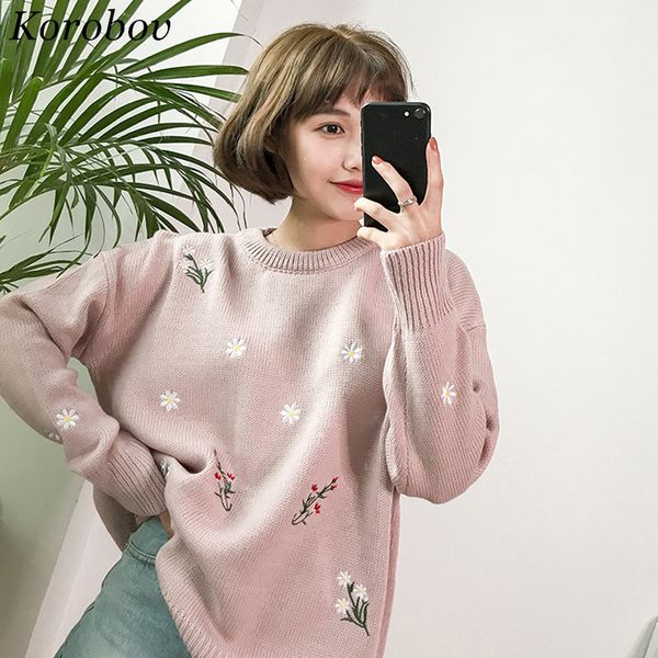 

2018 autumn winter new lady knitted sweater women slim o-neck floral embroidery sweater long sleeves pullover 75561, White;black