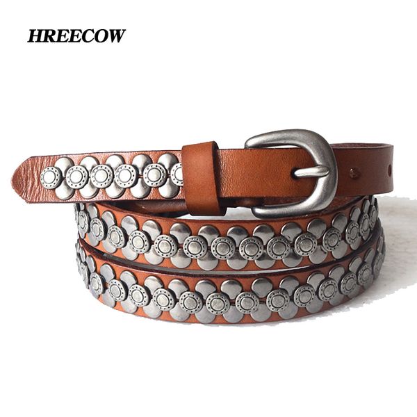 

женщины 100% верхний слой заклепки панк ремень корова натуральная кожа ручной работы cintos masculinos женский ремень ремень для джинсов, Black;brown