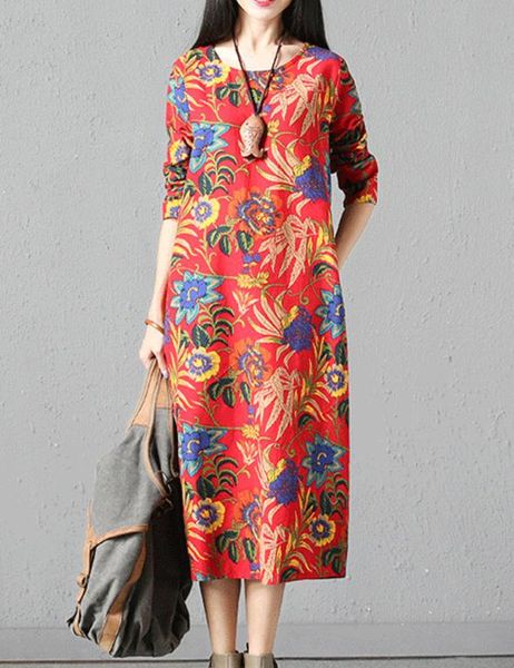 

spring new style loose and comfortable medium length cotton and linen tax stamp long sleeved dress female restore ancient ways dress, Black;gray