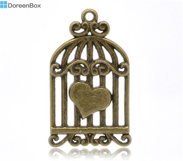 

doreen box lovely 20 bronze tone heart bird cage charms pendants 34x20mm (b14348, Black