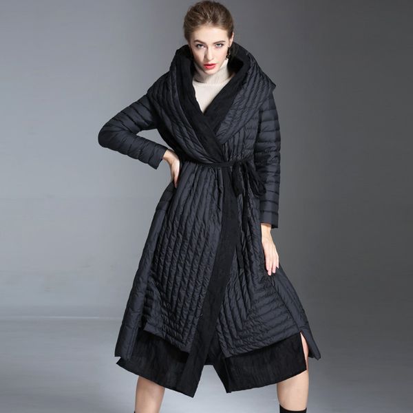 

women's autumn winter runway down coats hooded collar patchwork long sleeves zipper closure white duck down parkas outerwear, Black