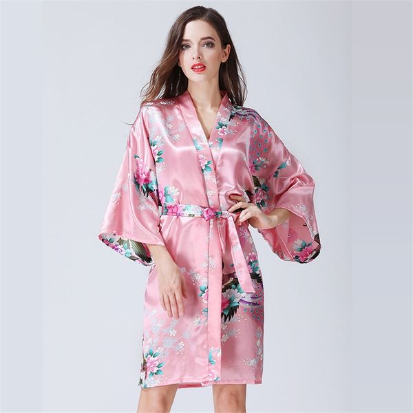 

pink dress for women japanese style kimono peacock vintage flower elegant satin robe knee length tunic nightgown sizem-xl, Red