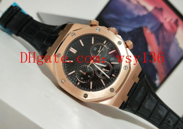 

edition luxury mens 18k rose gold watch royal oak offshore chronograph quartz movement wrist watches black leather band, Slivery;brown