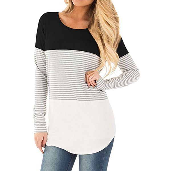 

new fashion spring fall long sleeve t shirt women striped crew neck patchwork cotton solid casual clothing, White
