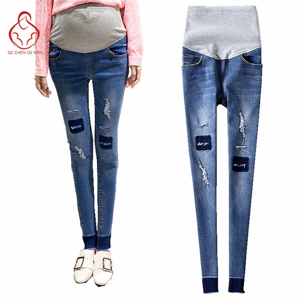 

2017 spring new jeans pregnant woman slim fashion hole maternity pants maternity clothing jeans pregnant clothing, White
