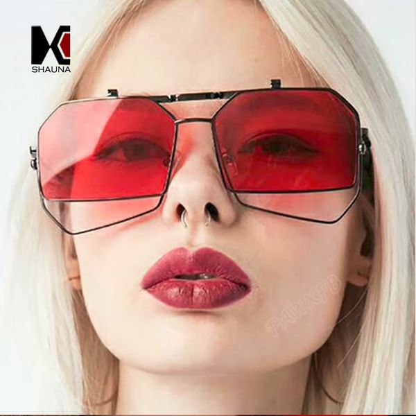 

shauna unique folding steampunk women irregular square sunglasses oversize men red/clear lens punk shades uv400, White;black