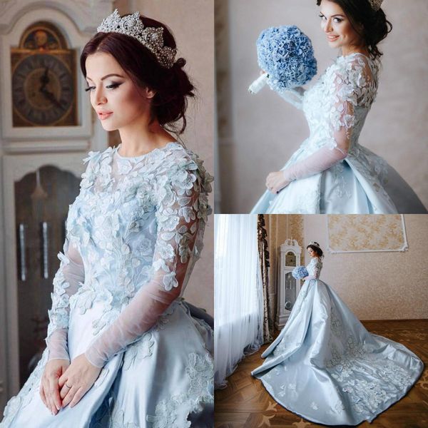 

customized bateau blue ball gown wedding dresses with sleeves handmade flower floral silk satin chapel train puffy arabic gothic bridal gown, White