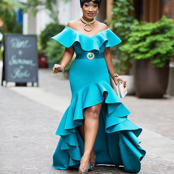 

stylish high-low mermaid prom dress ruffles off shoulder sash sleeveless south african party gowns attractive celebrity cocktail dress, Black