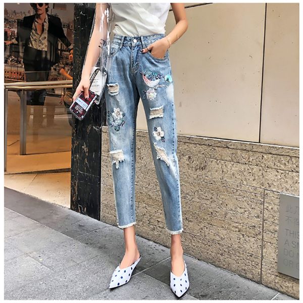 

ripped hole embroidery jeans women ankle-length loose harem denim pants straight female light blue trousers washed casual china