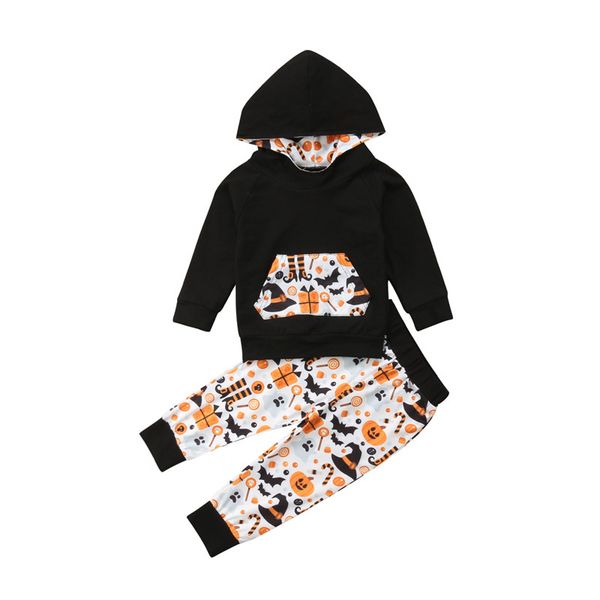 

halloween toddler baby boys girls clothes hooded long sleeve pocket geometry pumpkin print trousers 2pc cotton kids outfits, White