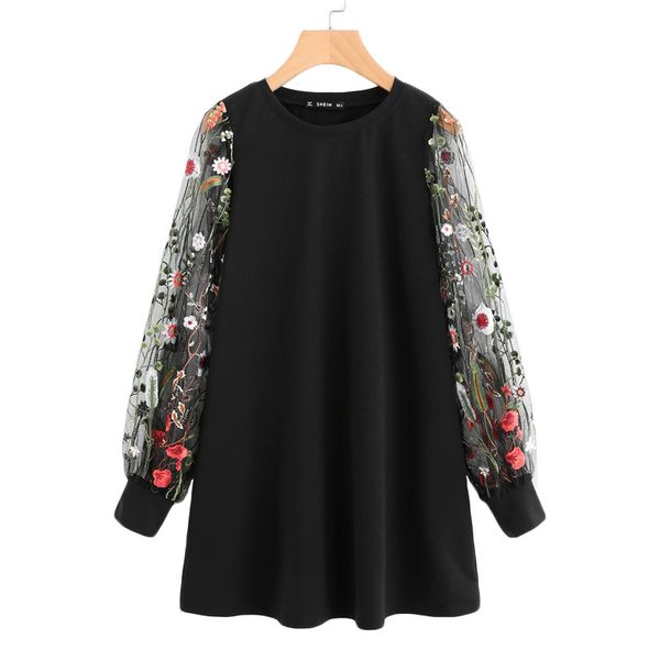 

Shein Botanical Embroidered Mesh Sleeve Longline Pullover Elegant Black Long Sleeve Casual Fall Sweatshirts New Hot