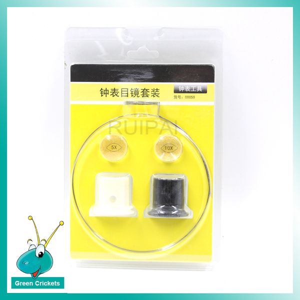 

new arrival rp-0050 5x / 10x eye loupes kit watch tool repair clip magnifier with 2pcs extra lens replacement for watchmaker
