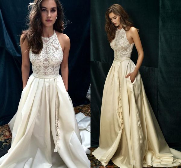 Vestido de noiva de praia de renda de marfim Fa￧a com um pesco￧o alto uma linha de noiva para vestidos de noiva lihi hod