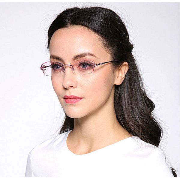 

mincl/ new luxury women pure titanium frame diamond trimming cut rimless spectacles with gradient tint lenses fml, Silver
