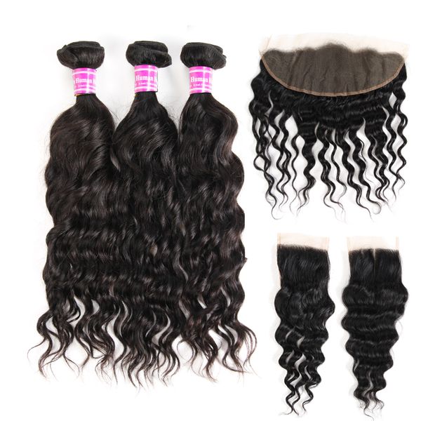 

wholesale brazilian virgin human hair wet wavy bundles with closure water wave bundles with lace frontal unprocessed remy human hair weave, Black;brown