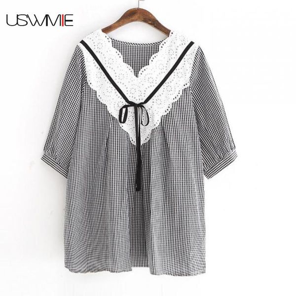 

uswmie 2018 summer women blouses new literature sweet plaid short sleeved v-neck chalaza shirt lace loose comfort joker, White