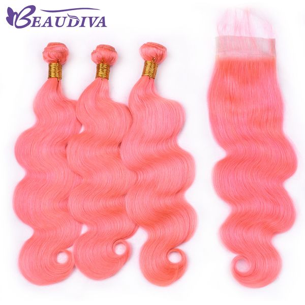 

beau diva rose pink hair bundles with lace closure body wave brazilian hair with closure remy human hair bundles with lace closure, Black;brown