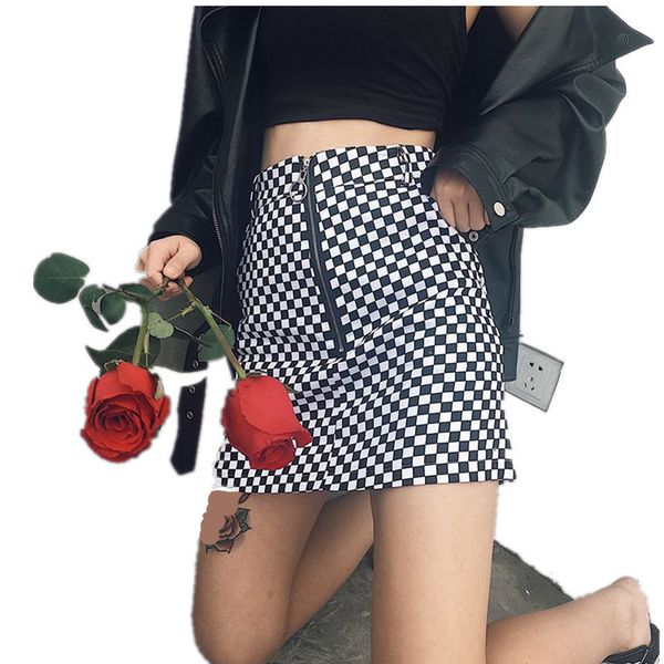 

2017 new women fashion black white plaid circle zipper bodycon ladies skirt streetwear high waist slim mini female bottom