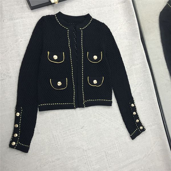 Nuovo design da donna autunno o-collo manica lunga stile britannico bottoni dorati patchwork scava fuori maglione cardigan cappotto corto casacos