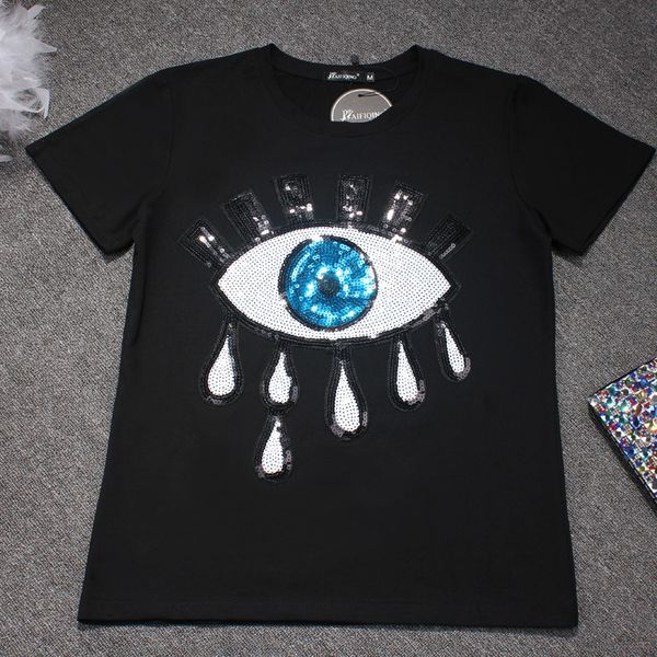 

women's with wear short sleeves new european 2018 summer the eyes glitter t-shirt waslr, Black