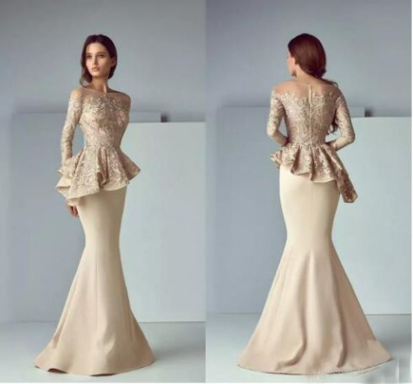

Champagne Lace Stain Long Evening Formal Wear Dresses 2018 Sheer Neck Long Sleeve Dubai Arabic Mermaid Prom Dress Saiid Kobeisy