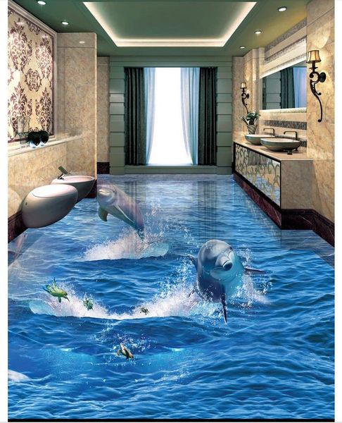 Wholesale Custom Photo Floor Wallpaper Dolphins Out Of The Ocean 3d Bathroom Living Room Floor Tiles Self Adhesive Floor Decor Painting