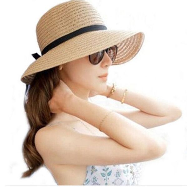 

floppy foldable ladies women straw beach sun summer hat beige wide brim bow straw hat sun protection visor caps, Black;white