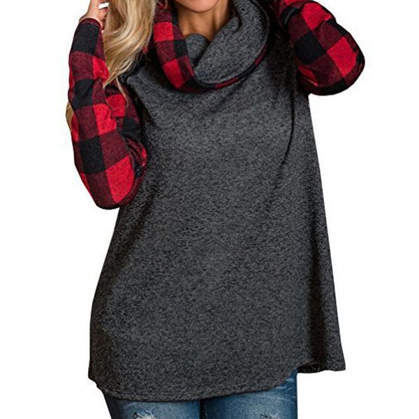 

plus size zanzea 2018 new autumn women hoodies sweatshirt fashion high collared moletom feminino spliced plaid collar blusas, Black