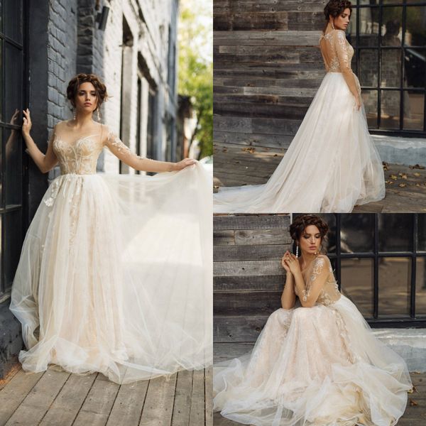 

2019 blush beach wedding dresses jewel neck a line illusion sweep train long sleeve country wedding gowns hollow back plus size bridal dress, White