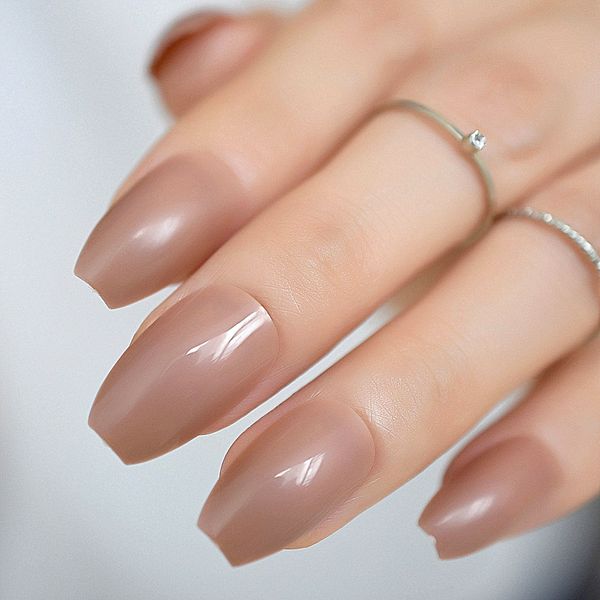 

24pcs light brown coffin nails false nail full cover flat shape ballerina fake nails soft coffee brown artificial fuax ongles, Red;gold