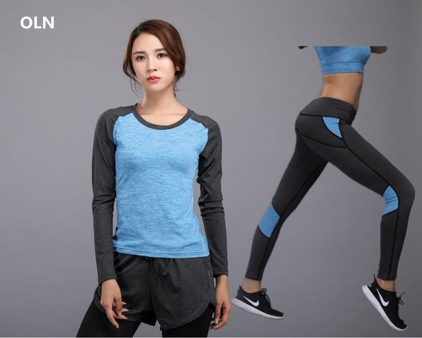 

oln women yoga set fitness slim fit blue full shirt+pants yoga clothing running tight workout leggings sport suit, White;red