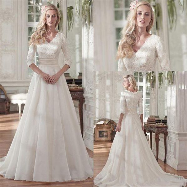 

modest a line 2018 wedding dresses with half sleeves beaded lace vintage v neck sequin ruched plus size bridal gowns covered buttons, White