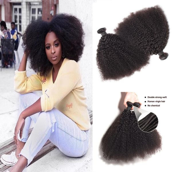 

1bundle/lot mongolian afro kinky curly virgin human hair unprocessed remy hair weaves double wefts 100g/bundle hair wefts, Black