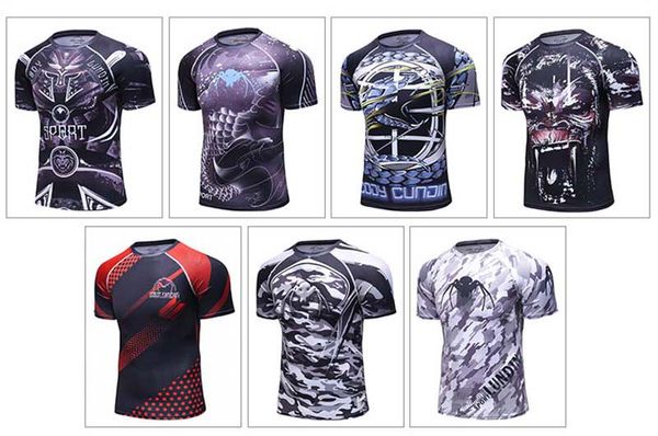 

2018 мужчины спорт футболка йога тренажерный зал одежда высокое качество фитнес сжатие с коротким рукавом бодибилдинг колготки топы быстрое, White;black