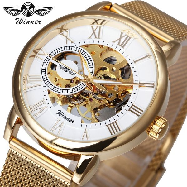 

WINNER Top Ultra Thin Golden Men Mechanical Watch Mesh Strap Skeleton Dial Men Classic Business T-WINNER Wristwatch