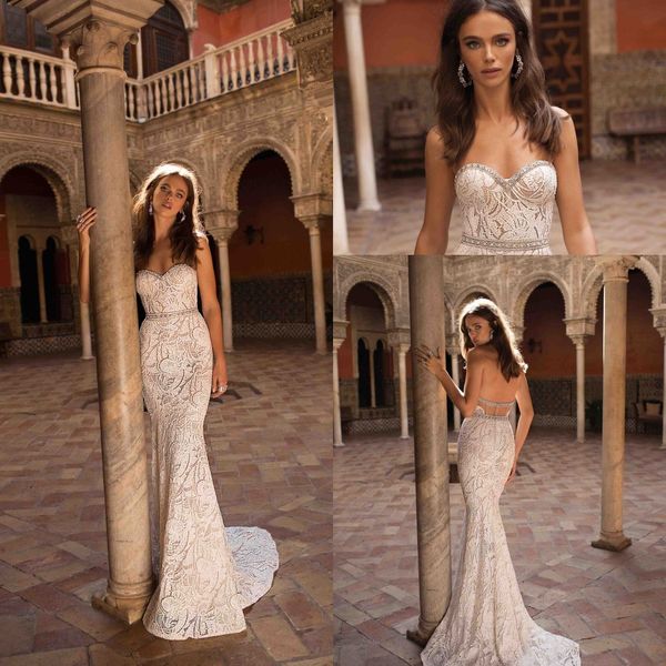 

elegant beautiful sweetheart full lace mermaid wedding dresses 2019 berta new arrival lace crystals beaded wedding bridal gowns, White