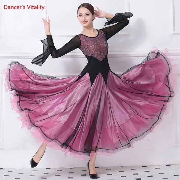 

2018 new ballroom dance dresses pagoda sleeves lace splicing big swing dress women ballroom waltz dance stage performance clothe, Black;red