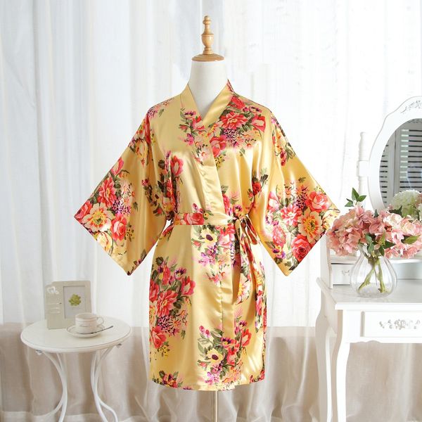 

women silk satin short night robe kimono robe dressing gown bath bathrobe peignoir wedding bride floral bathrobe, Black;red