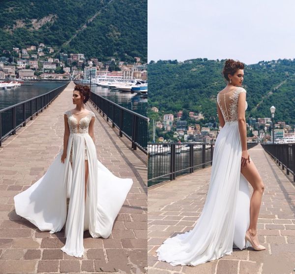 

2019 Cheap New Arrival Summer Jewel A Line Beach Wedding Dresses High Side Split Appliques Button Back Cap Sleeve Bridal Gowns Custom Made, White