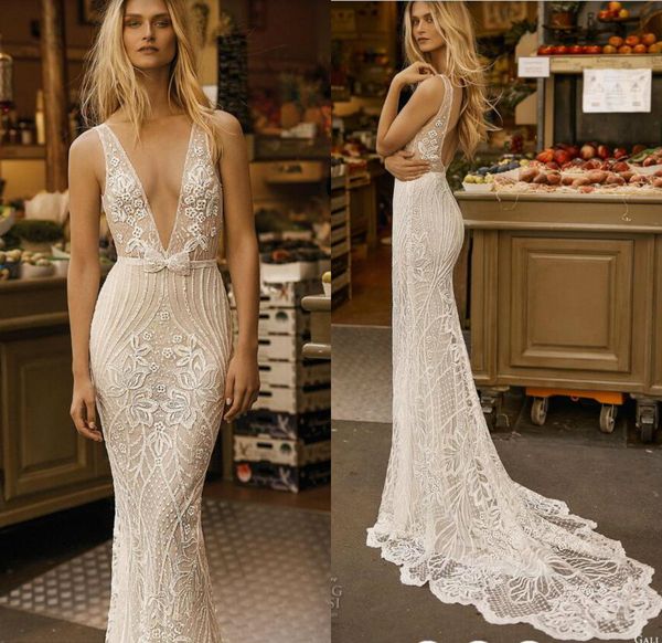 

gali karten 2019 mermaid wedding dresses backless sweep train deep v neck appliqued lace bridal gowns sequins plus size beach dress, White