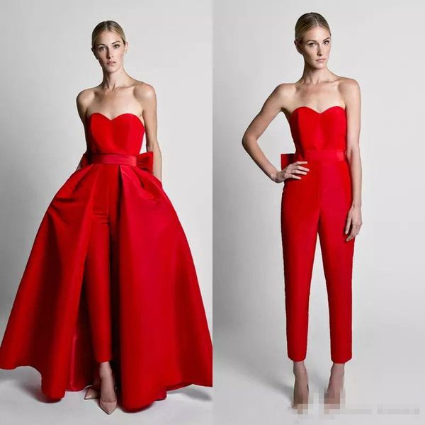 Abito da sposa Krikor Jabotian Tuta con fiocco in raso di seta rosso con gonna staccabile Nuovo scollo a cuore Lunghezza del pavimento Salti da sposa