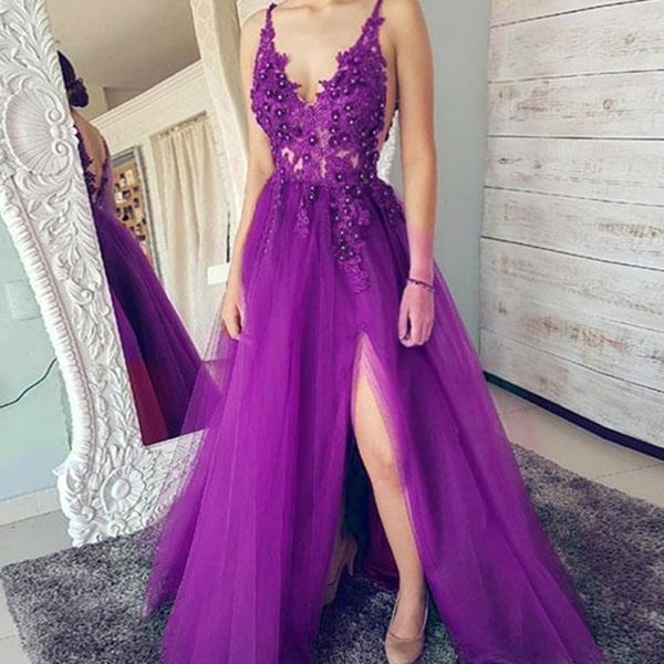 

wonderful purple tulle long evening dress high split spaghetti strap a-line backless prom dress illusion formal party gowns robe de soi, Black