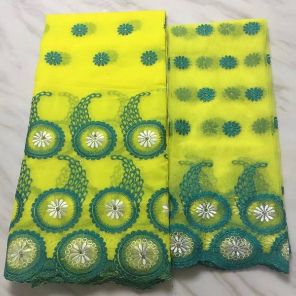 

5yards/pc beautiful yellow african cotton fabric with green embroidery and 2yards french net lace set for dress bc19-7, Black;white